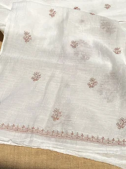 Noor-e-Mulmul White Chikankari Unstiched Sets - White/Brown