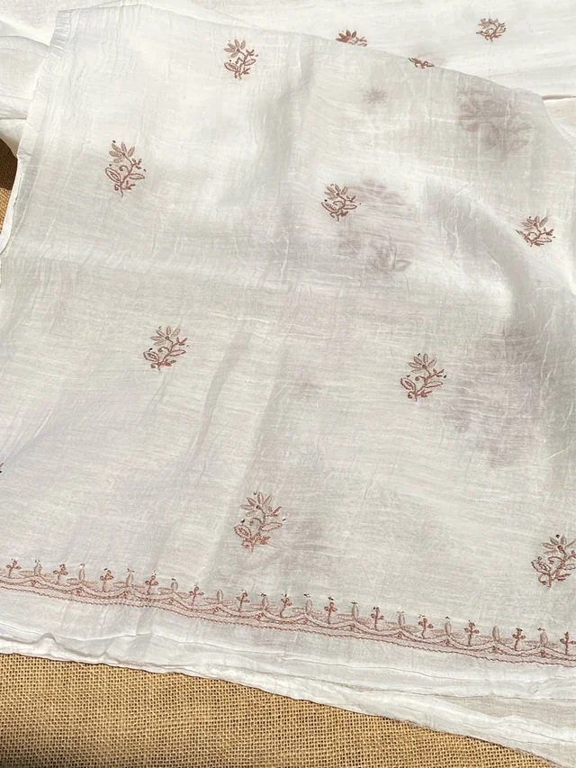 Noor-e-Mulmul White Chikankari Unstiched Sets - White/Brown