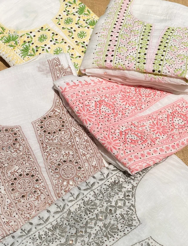 Noor-e-Mulmul White Chikankari Unstiched Sets - White/Brown