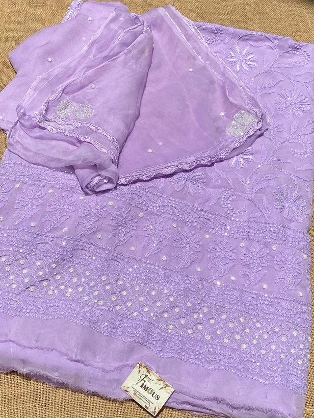 Lilac Chikankari Pure Viscose Unstiched Kurta Dupatta - Lilac