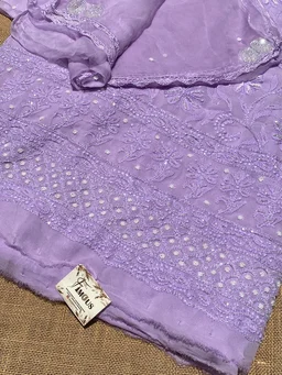 Lilac Chikankari Pure Viscose Unstiched Kurta Dupatta - Lilac