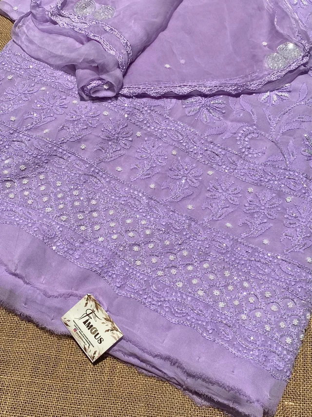 Lilac Chikankari Pure Viscose Unstiched Kurta Dupatta - Lilac