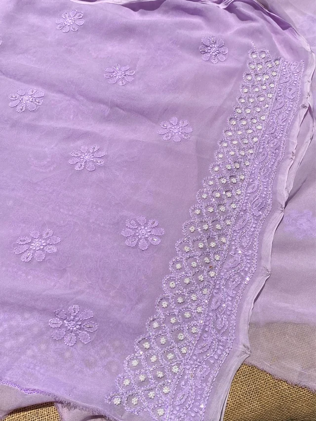 Lilac Chikankari Pure Viscose Unstiched Kurta Dupatta - Lilac