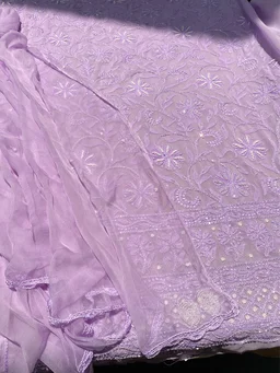 Lilac Chikankari Pure Viscose Unstiched Kurta Dupatta - Lilac