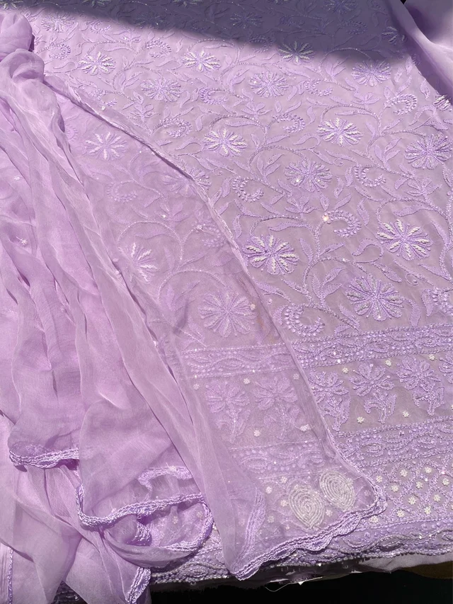 Lilac Chikankari Pure Viscose Unstiched Kurta Dupatta - Lilac