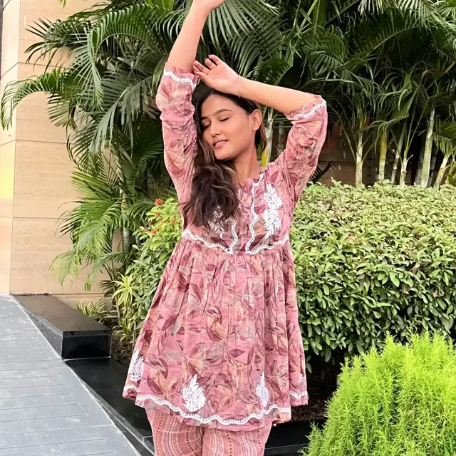 Mulprint Chikankari Coord Set(wine) - Wine, L(40)