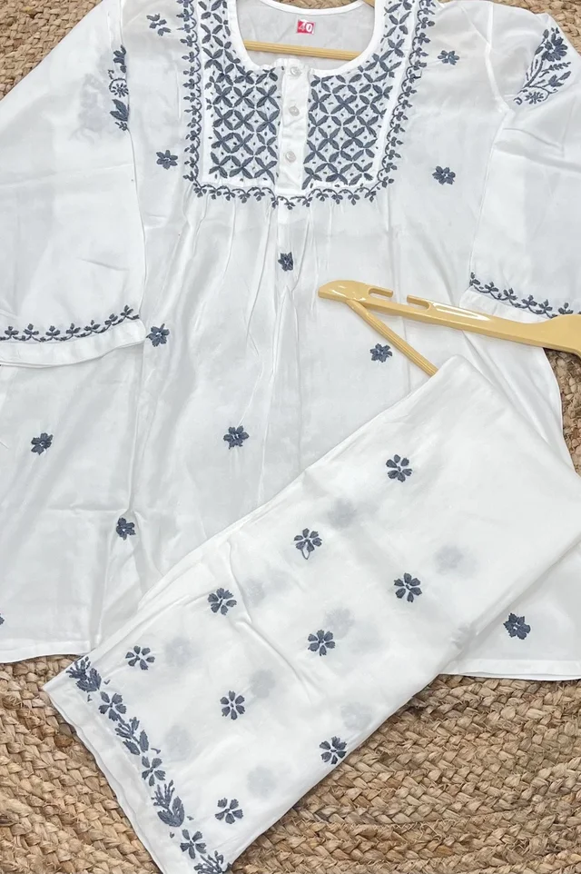 Chikankari White/Grey Coord Set - White, M(38)
