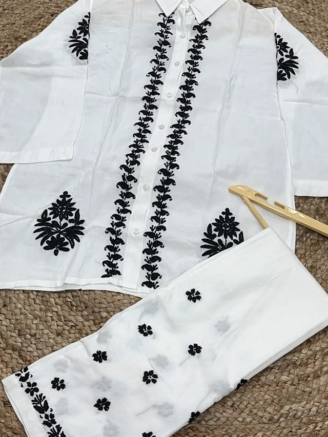 Chikankari White/Black Coord Sets - White, M(38)