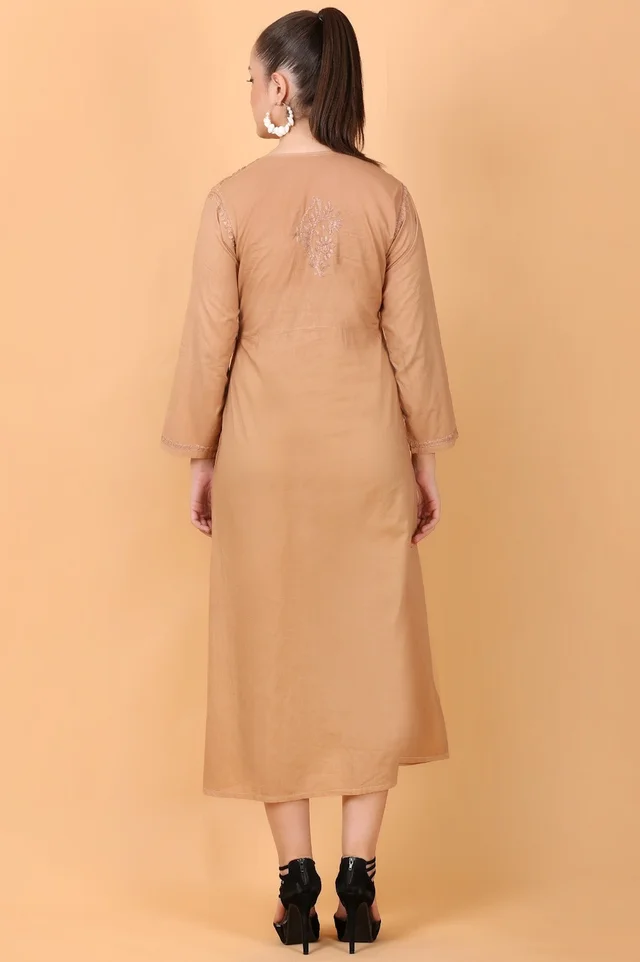 Dark Beige Chikankari Gown Pocket Style - Dark Beige, M(38)