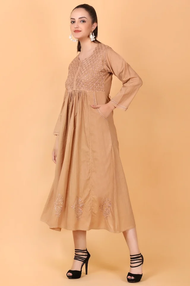Dark Beige Chikankari Gown Pocket Style - Dark Beige, M(38)