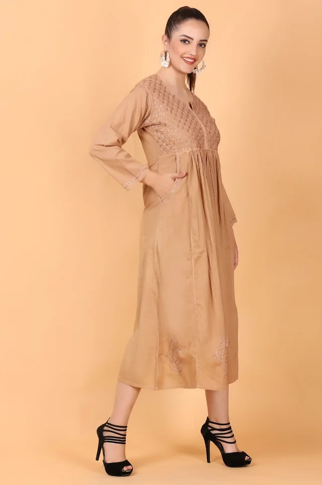Dark Beige Chikankari Gown Pocket Style - Dark Beige, M(38)