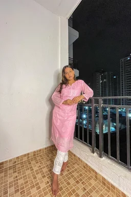 Peach Chikankari Long Kurti In Kota Cotton - Peach, M(38)