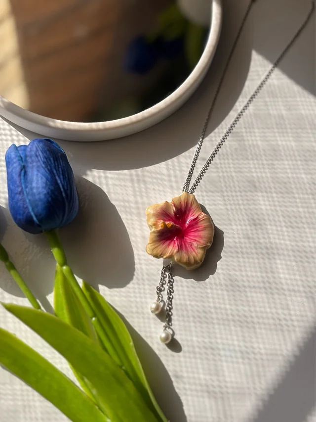 Hand-Sculpted Blush Hibiscus Pendant | 18K Gold Plated Floral Necklace