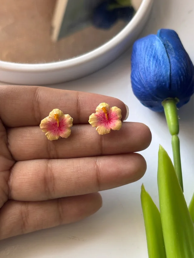 Hand-Sculpted Blush Hibiscus Studs
