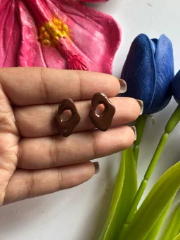 Minimal Abstract Chocolate Brown Stud Earrings - brown