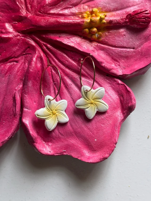 Handmade White Plumeria Hoop Earrings