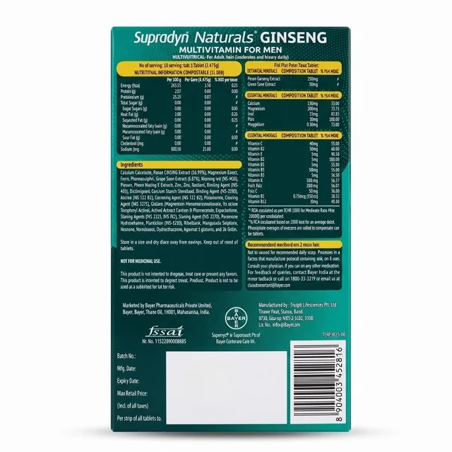 Bayer Pharmaceuticals Pvt Ltd Supradyn Naturals Ginseng Tablet with Grape Seed Extract (10teb) - 10 Tablets
