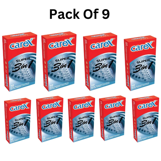 Coral Healthcare Carex Super 3 In 1 Multi Textured Condoms Dotted, Ribbed and Contoured (90n.) - 90 Condoms
