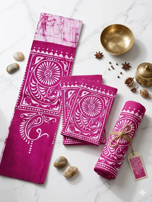 Shantiniketan Traditional Batik & Kalka Design Cotton Uttorio (White & Pink)