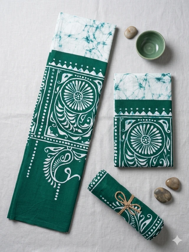 Shantiniketan Traditional Batik & Kalka Design Cotton Uttorio (White & Green)