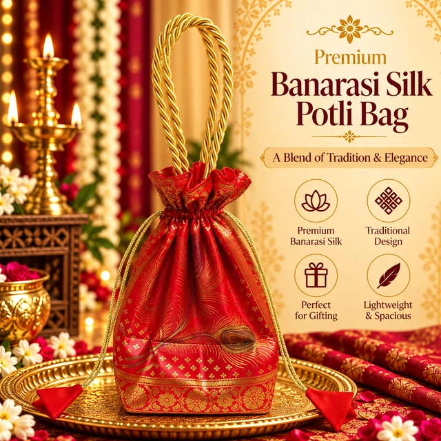 Banarasi Silk Brocade Potli Bag with Gold Handle | Traditional Indian Pouch