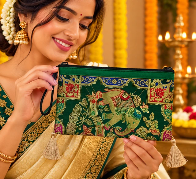 Banarasi Silk Zipper Hand Bag | Traditional Indian Wedding Return Gift
