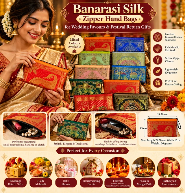 Banarasi Silk Zipper Hand Bag | Traditional Indian Wedding Return Gift