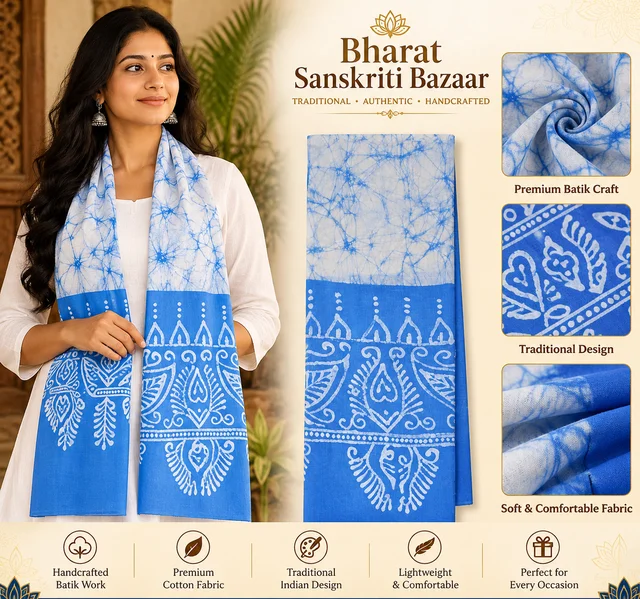 White & Blue Batik Printed Pure Cotton Uttorio -