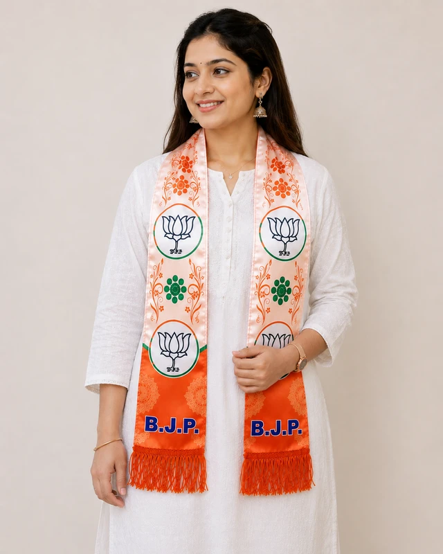 Premium BJP Printed Uttorio / Patka with Double-Sided Traditional Design, Lotus Symbol Print on Both Sides, B.J.P. Lettering