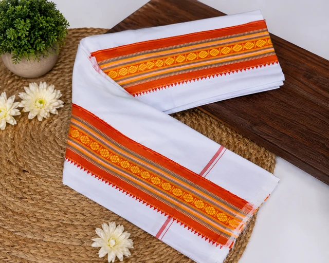 Premium Rich Cotton White & Orange Traditional Uttorio, 2 Meter Bengali Traditional Shoulder Scarf