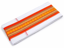 Premium Rich Cotton White & Orange Traditional Uttorio, 2 Meter Bengali Traditional Shoulder Scarf