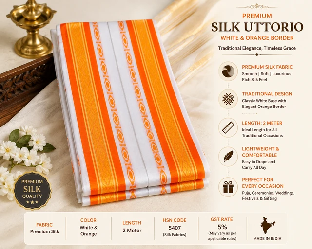 Premium Silk Uttorio, White with Orange Traditional Border, 1.80 Meter