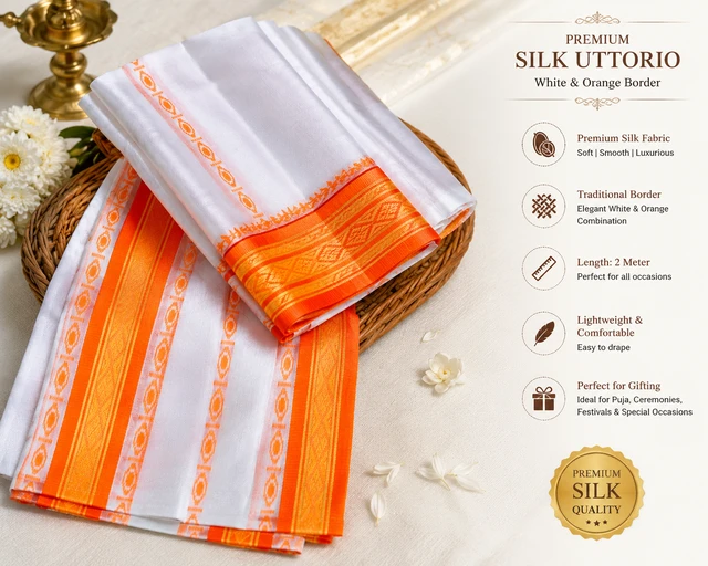 Premium Silk Uttorio, White with Orange Traditional Border, 1.80 Meter