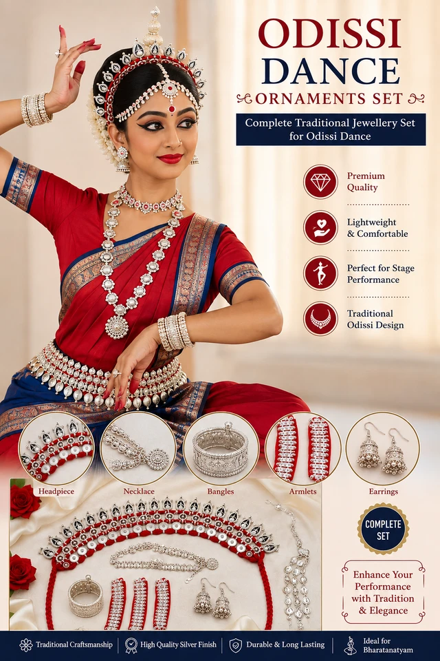 Odissi Dance Ornaments Set for Women | Traditional Silver-Tone Classical Dance Jewellery Set with Headpiece, Necklace, Waist Belt, Bangles, Armlets & Earrings | Stage Performance Jewellery | 720 g