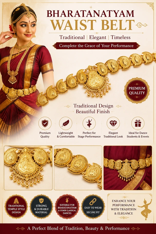 Bharatanatyam Dance Waist Belt for Women | Traditional Gold-Tone Oddiyanam for Classical Dance | Indian Dance Costume Jewellery Waist Ornament | Stage Performance & Dance Competition Accessory | 60 cm