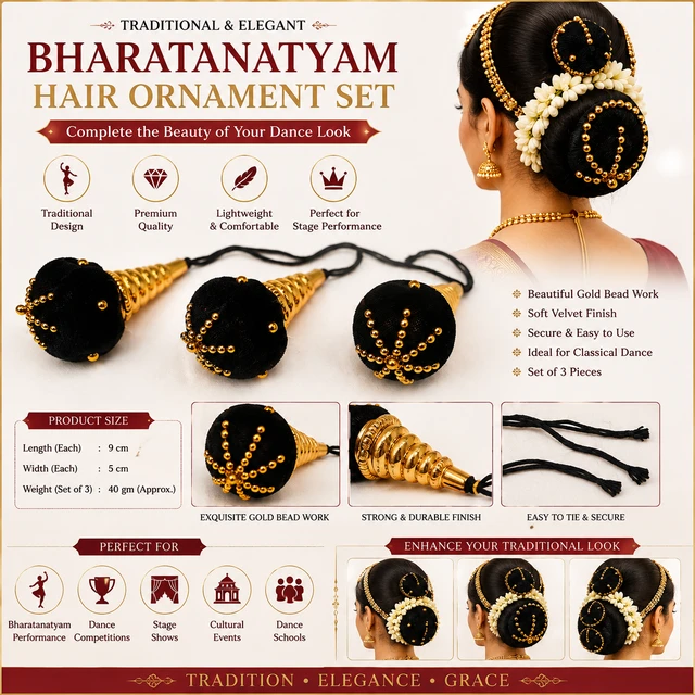 Bharatanatyam Dance Hair Ornament Set for Women | Traditional Black & Gold Classical Dance Hair Accessories | 3 Piece Bun Ornament Set with Tie Strings | Suitable for Bharatanatyam, Odissi & Stage Performance