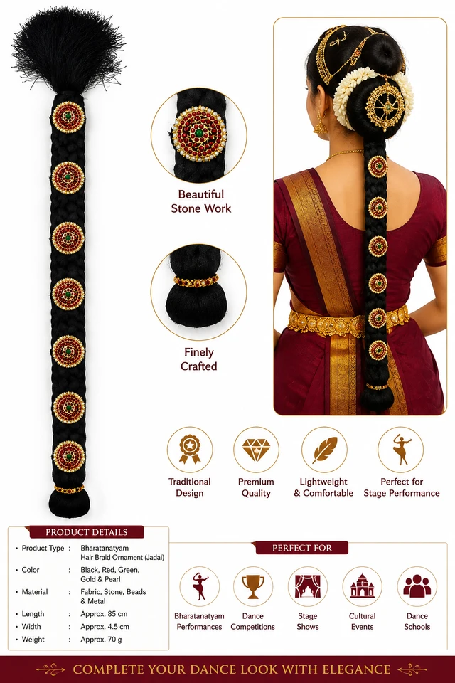 Bharatanatyam Dance Hair Braid Ornament Jadai for Women | Traditional Classical Dance Hair Accessory with Red Green Stones & Pearl Beads | Long Braid Decoration for Stage Performance | 80 cm