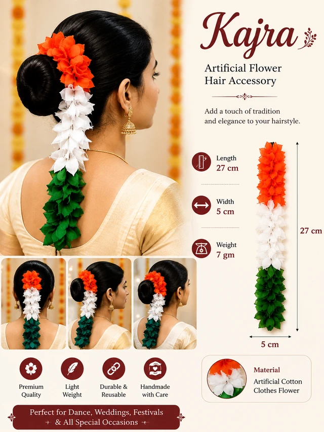 Artificial Flower Kajra for Hair Bun | Tri Color Cotton Fabric Flower Gajra Hair Accessory | Handmade Hair Decoration for Dance, Wedding, Festival & Traditional Occasions - Tri Color