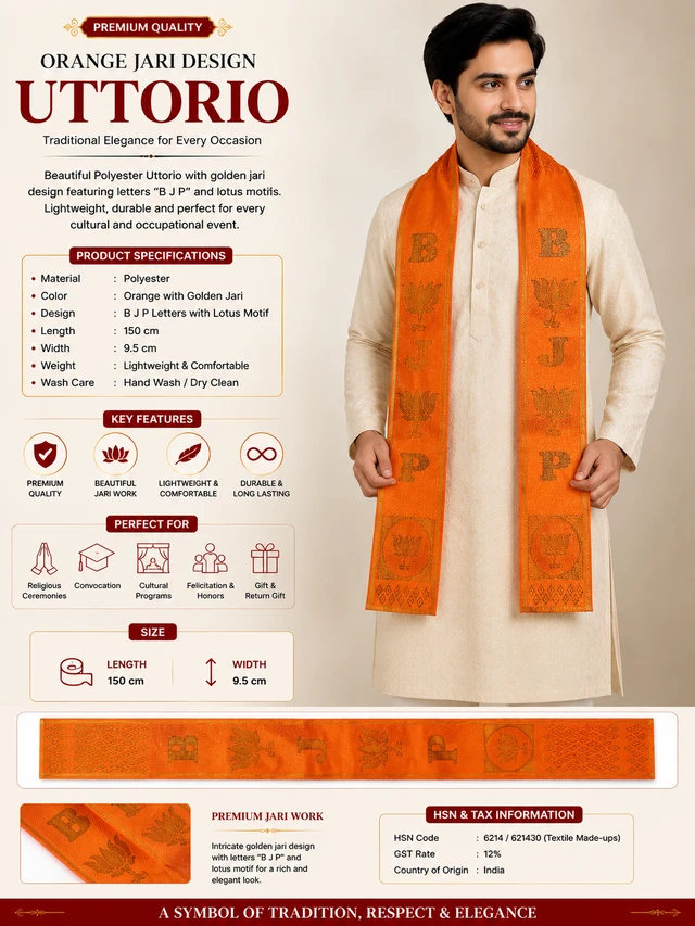Orange Polyester Uttorio with Golden Jari BJP Letter & Lotus Motif | Traditional Ceremonial Stole for Felicitation, Cultural Programs, Religious Events, Convocation & Honors | 150 × 9.5 cm