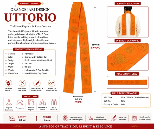 Orange Polyester Uttorio with Golden Jari BJP Letter & Lotus Motif | Traditional Ceremonial Stole for Felicitation, Cultural Programs, Religious Events, Convocation & Honors | 150 × 9.5 cm