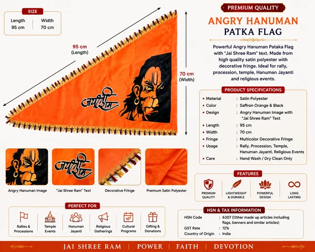 Angry Hanuman Pataka Flag with Jai Shree Ram Print & Multicolor Fringe | Saffron Orange Satin Polyester Religious Flag for Temple, Rooftop, Procession, Hanuman Jayanti & Religious Events | 95 × 70 cm