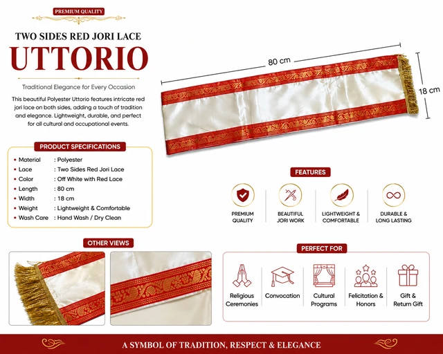 Traditional Polyester Uttorio with Two Sides Red Jori Lace and Gold Fringe | Ceremonial Felicitation Stole for Cultural Programs, Convocation, Religious Events & Honors | 80 x 18 cm