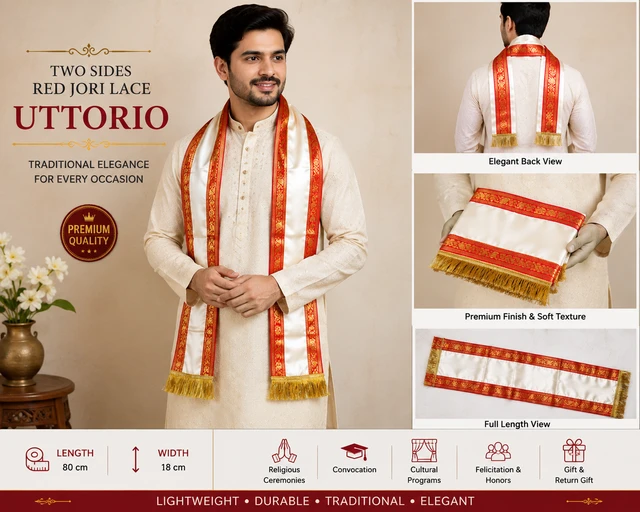 Traditional Polyester Uttorio with Two Sides Red Jori Lace and Gold Fringe | Ceremonial Felicitation Stole for Cultural Programs, Convocation, Religious Events & Honors | 80 x 18 cm