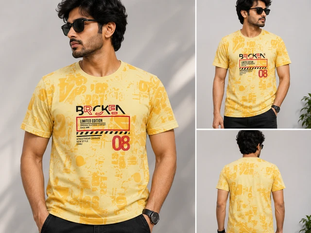 Men's Yellow Graphic Printed Round Neck Half Sleeve T-Shirt | BROKEN Limited Edition Streetwear T-Shirt | Size M - M