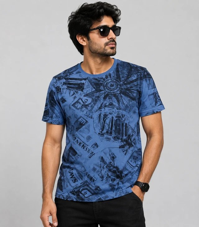Men's Blue Graphic Print Sleeve Round Neck Half Sleeve T-Shirt | Casual Cotton Blend T-Shirt | Size M - M