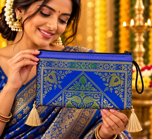 Banarasi Silk Zipper Hand Bag | Traditional Indian Wedding Return Gift