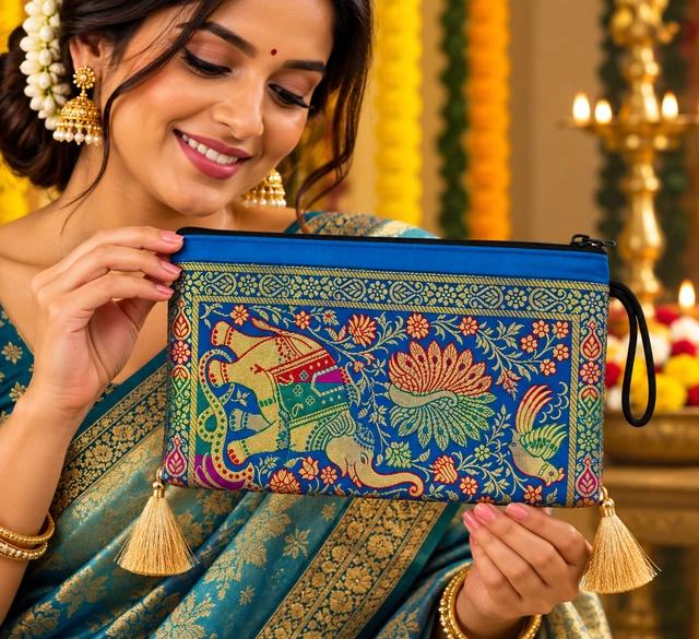 Banarasi Silk Zipper Hand Bag | Traditional Indian Wedding Return Gift