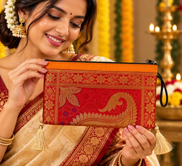 Banarasi Silk Zipper Hand Bag | Traditional Indian Wedding Return Gift