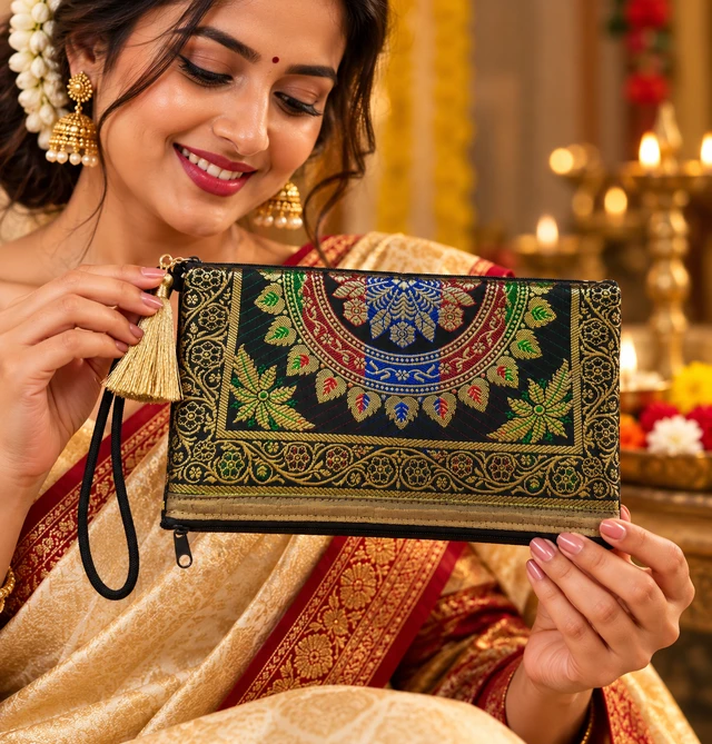 Banarasi Silk Zipper Hand Bag | Traditional Indian Wedding Return Gift