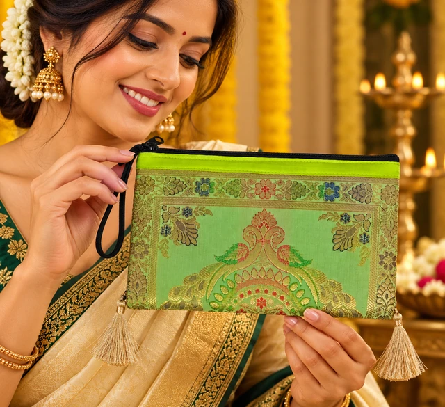 Banarasi Silk Zipper Hand Bag | Traditional Indian Wedding Return Gift